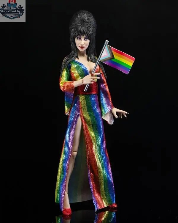 Elvira Mistress of the Dark collectible action figure by Toy Snowman, Over the Rainbow version with clothed design, detailed toy figure.