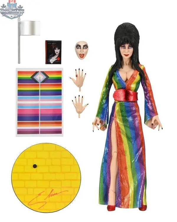 Elvira Mistress of the Dark collectible figure in rainbow-themed attire, detailed action figure from Toy Snowman, clothed and posed.
