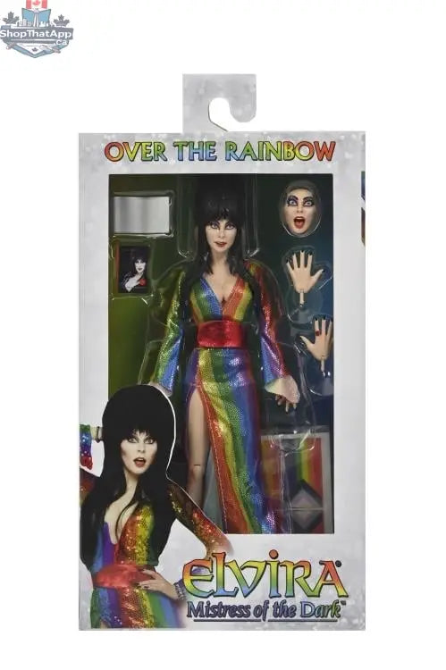 Elvira Mistress of the Dark collectible figure by Toy Snowman, Over the Rainbow version, clothed action figure for display.
