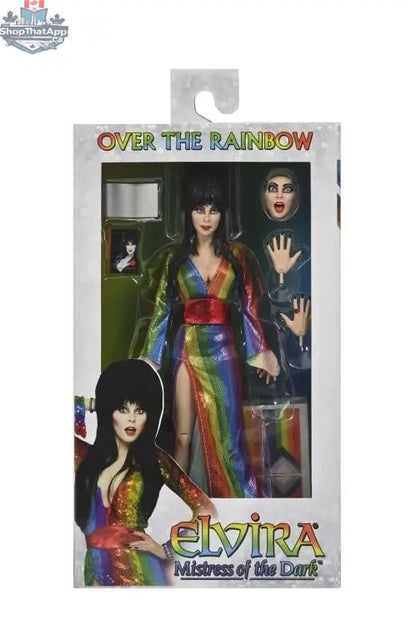 Elvira Mistress of the Dark collectible figure by Toy Snowman, Over the Rainbow version, clothed action figure for display.