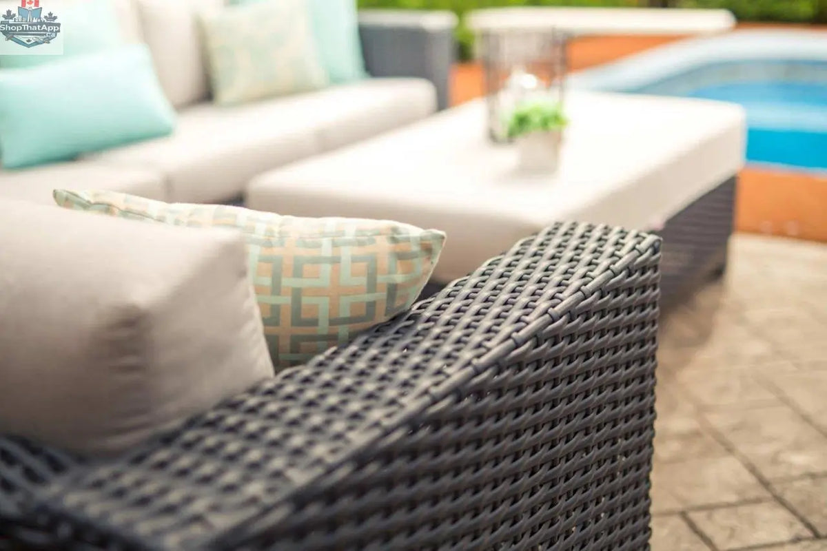 Close-up of the Enclover Trillium sofa sectional with Sunbrella cushions, showcasing plush fabric and stylish design details.