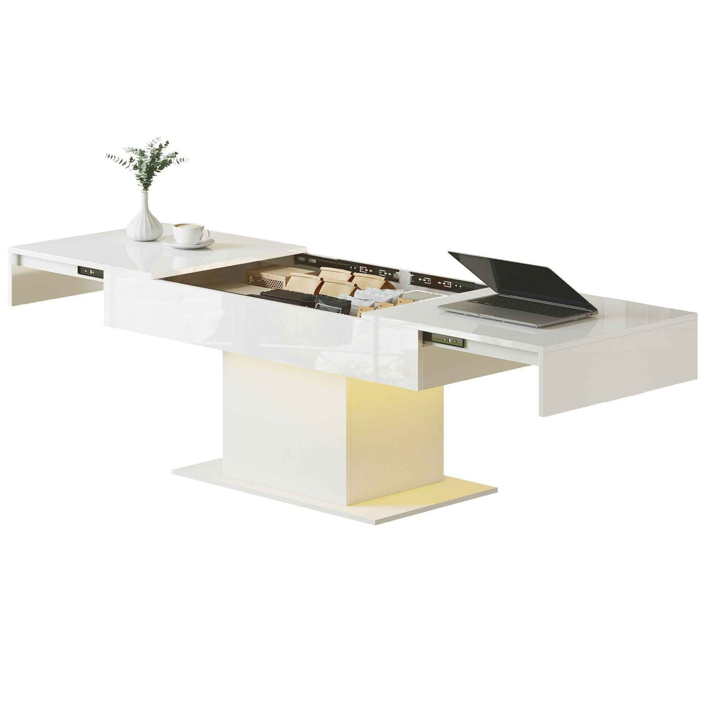 Halston Extendable Coffee Table with LED Lights and Hidden Storage-White