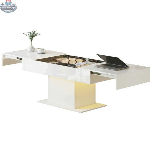 White Halston extendable coffee table with LED lights and hidden storage from SLOTH Nation, showcasing its sleek modern design.