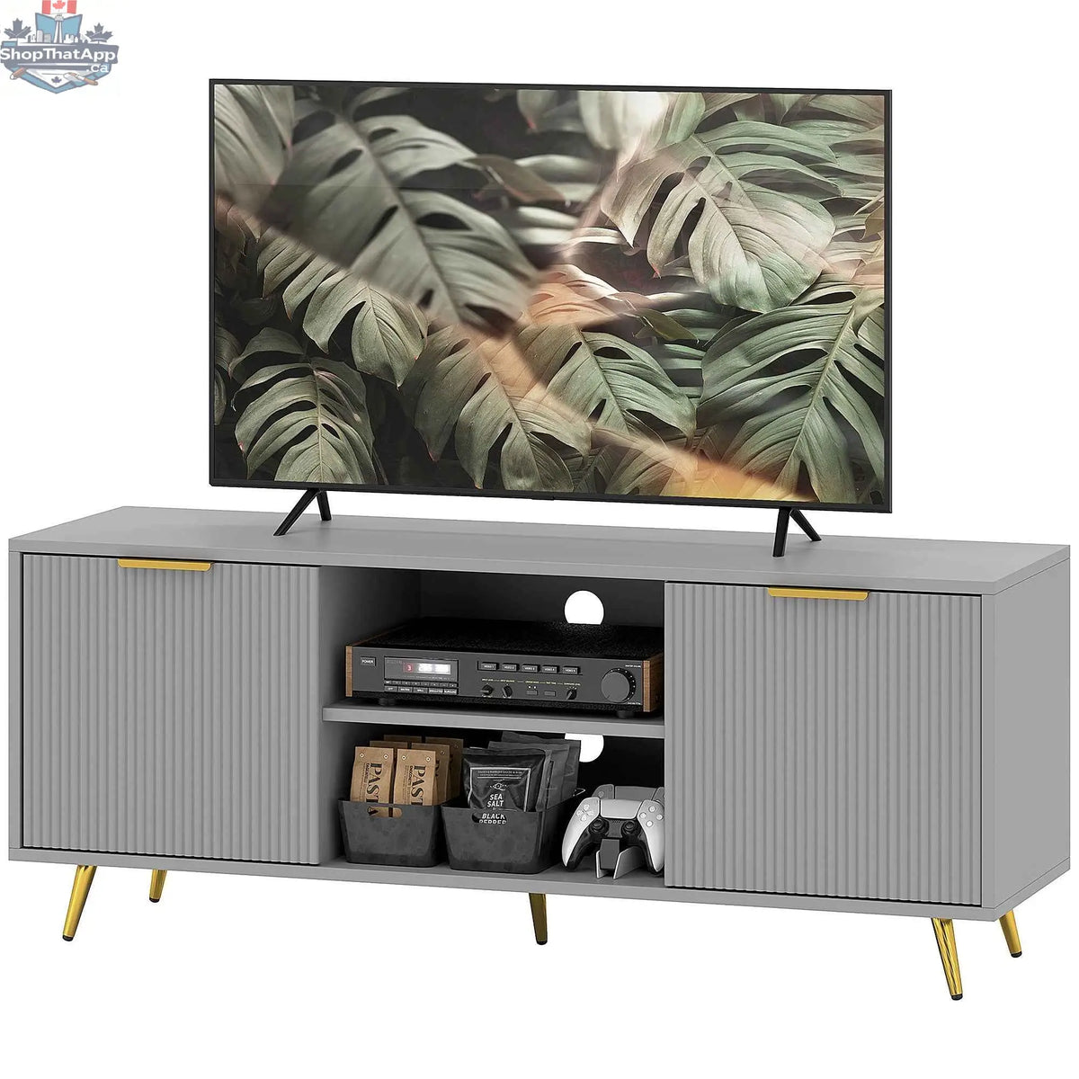 Gray Collins modern TV stand by SLOTH Nation for up to 55-inch TVs, sleek home furniture for living room entertainment.