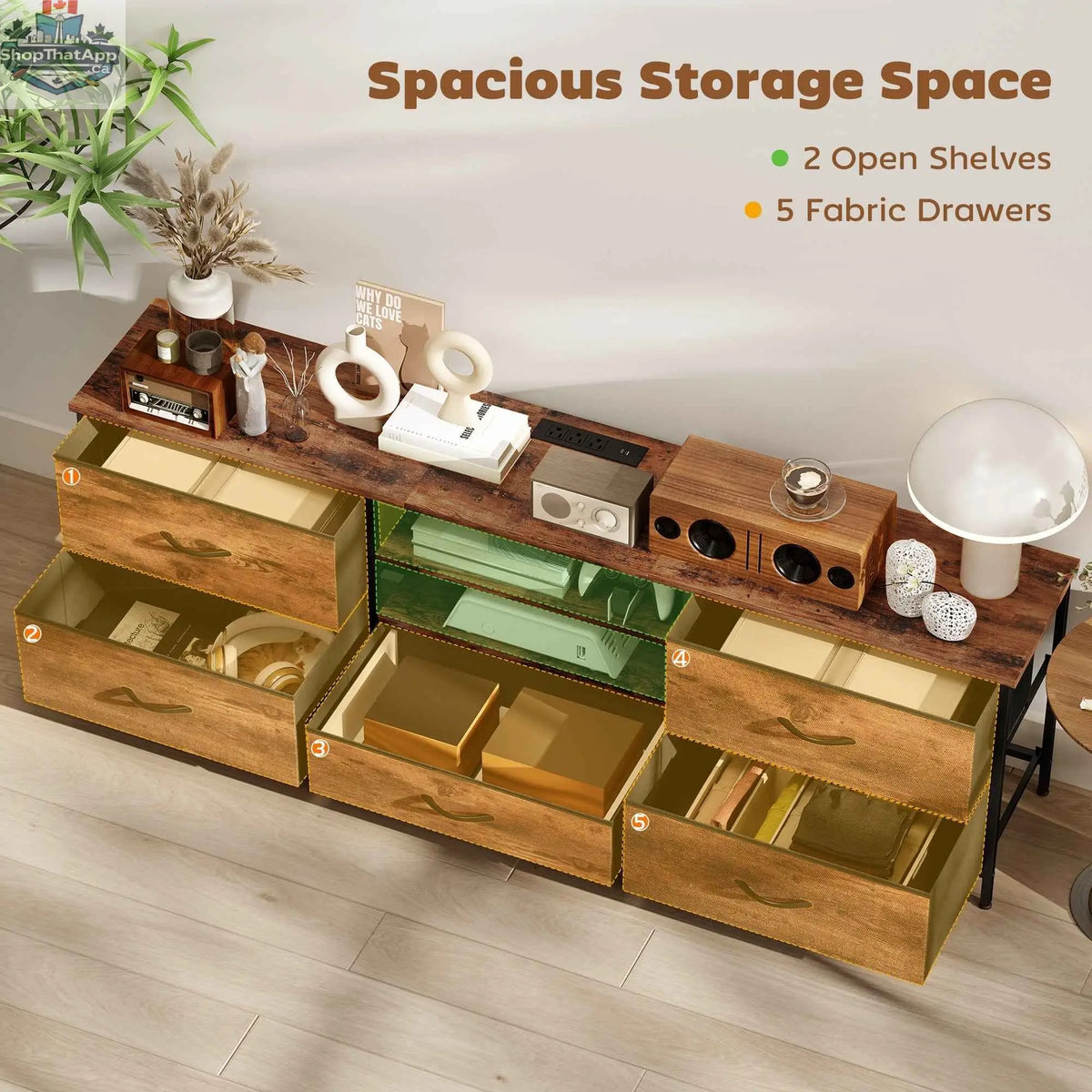 Rustic brown Jamie TV stand with charging station for TVs up to 70 inches, featuring storage shelves and modern design.
