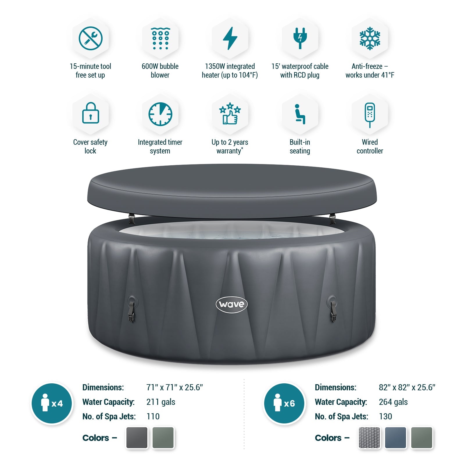 Wave | Atlantic | 4/6-Person Inflatable Hot Tub | Round | Integrated Heater - Www.Shopthatapp.ca