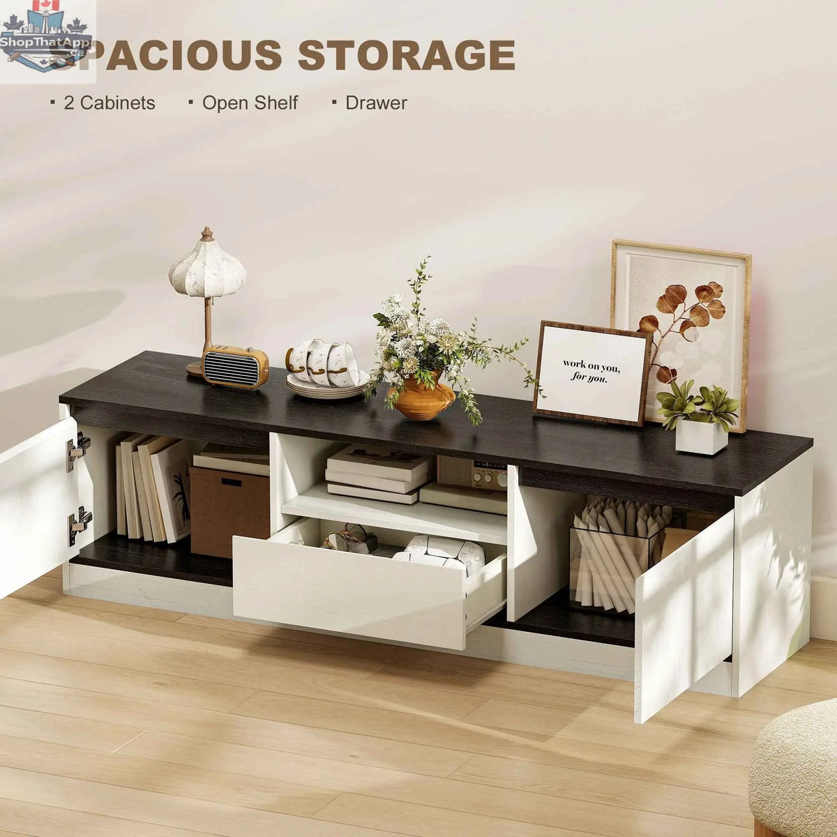 White Palmer TV stand for 55-65 inch TVs by SLOTH Nation, modern living room furniture with sleek design.