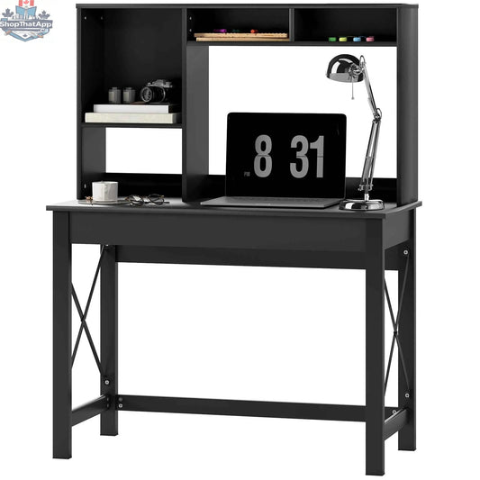 Black Sloan computer desk with hutch and storage shelves, office furniture by SLOTH Nation, featuring workspace and organizational features.
