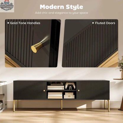 Black SLOTH Nation Harley TV stand for TVs up to 65 inches, modern living room furniture with sleek design.