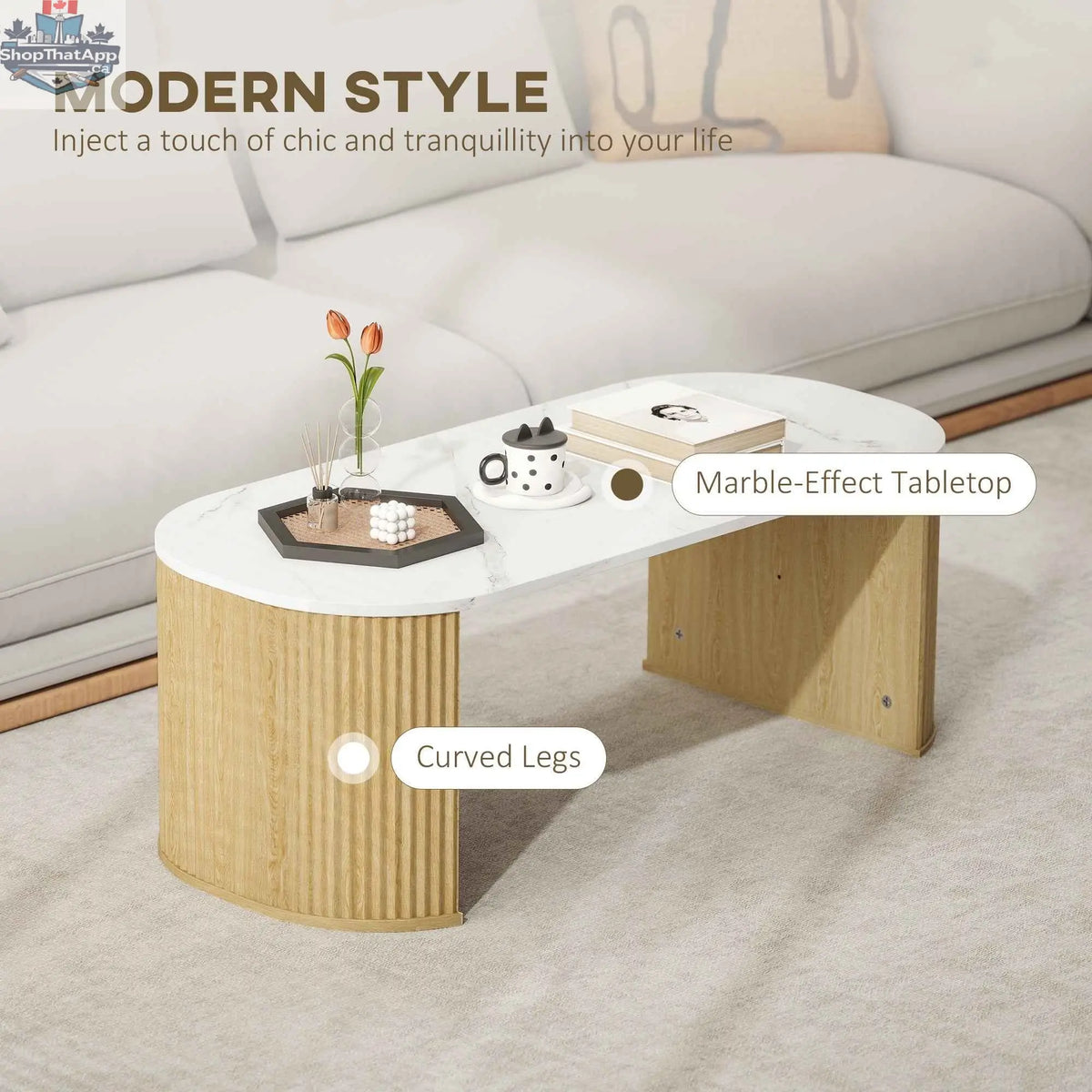 SLOTH Nation Cameron faux-marble coffee table with natural wood base, modern furniture piece for living room decor.