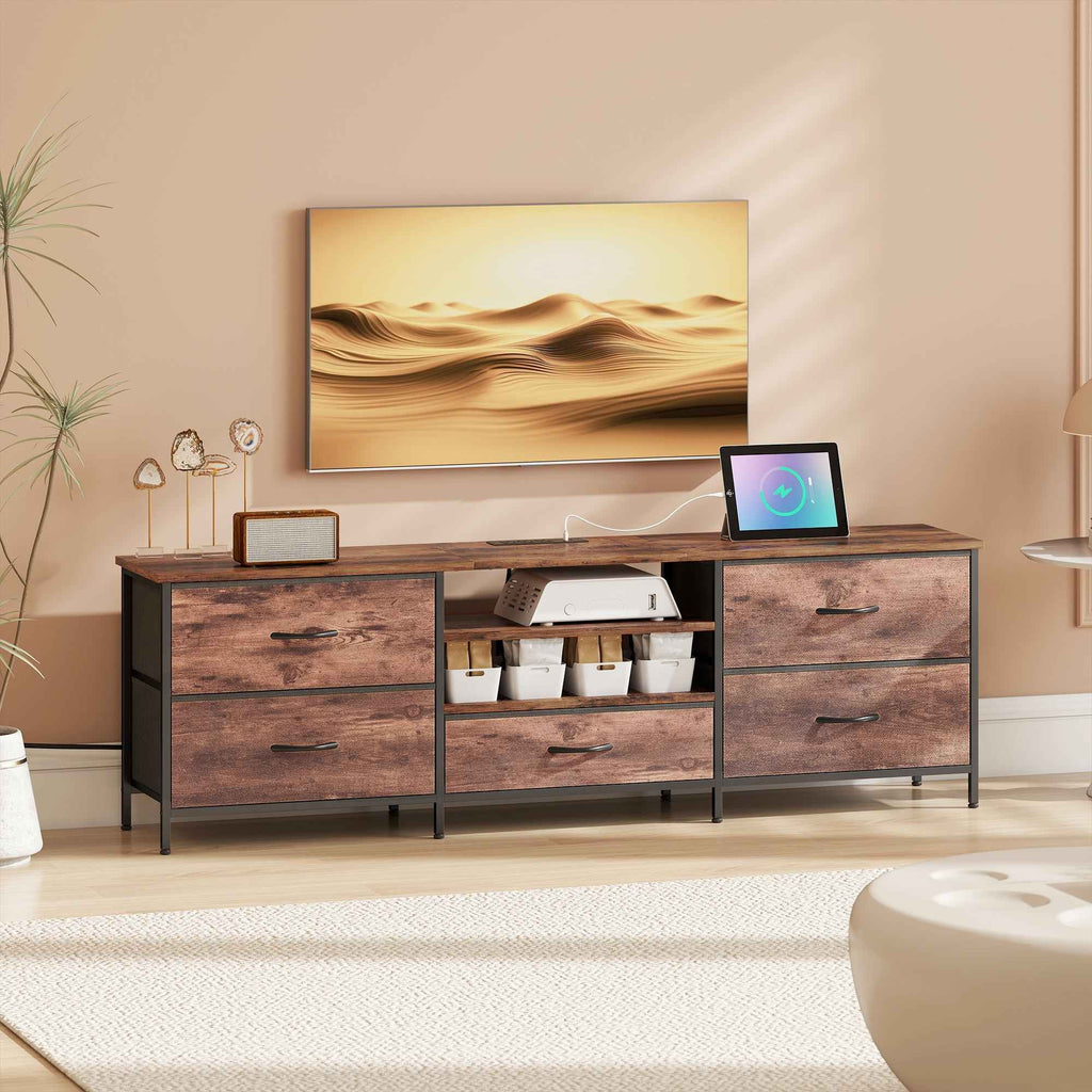 Jamie TV Stand with Charging Station for TVs up to 70 Inches-Rustic Brown