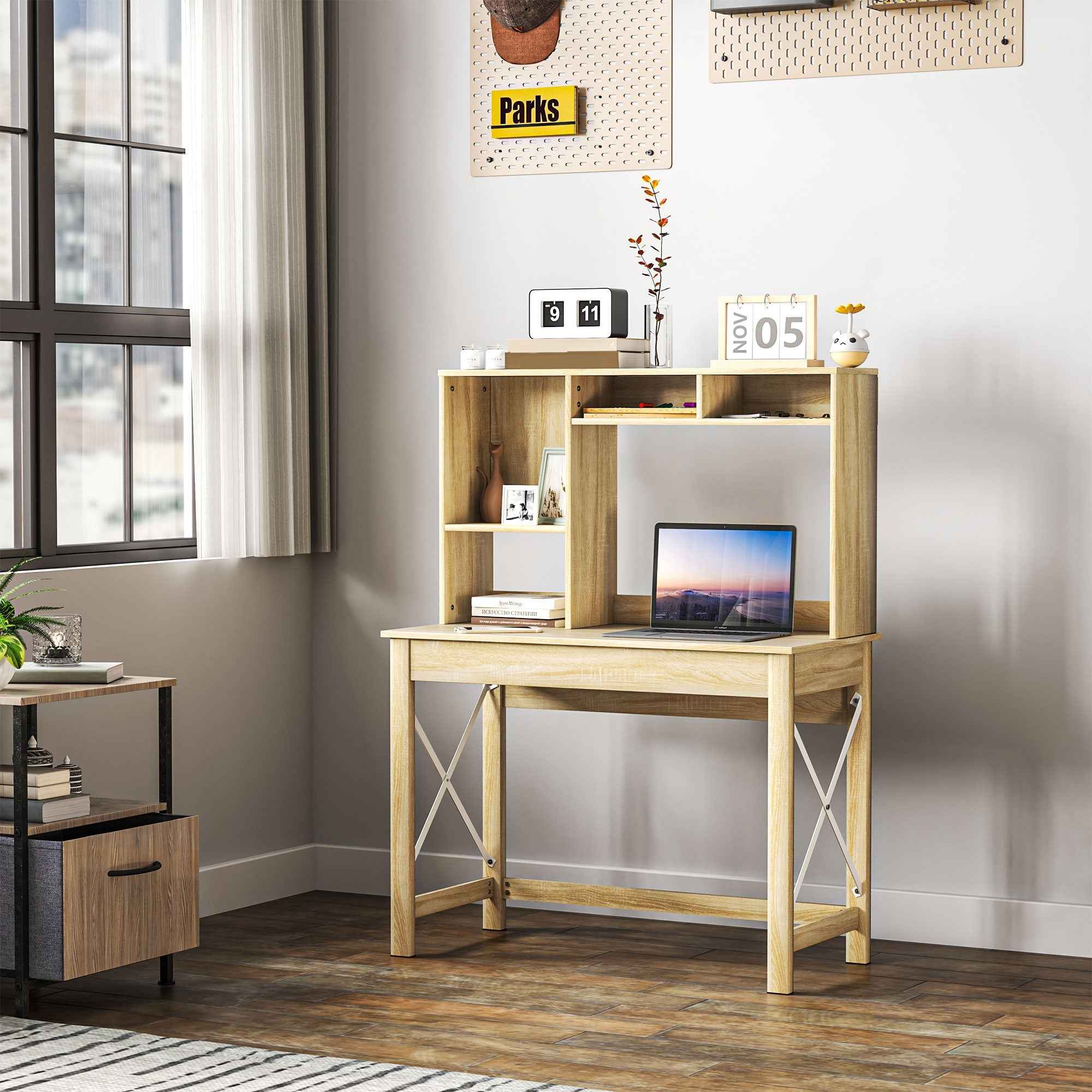 Sloan Computer Desk with Hutch and Storage Shelves-Oak
