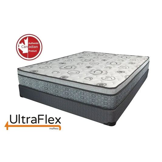 UltraFlex® EVOKE mattress set with orthopedic cool gel memory foam and eco-friendly boxspring, shown in a bedroom setting.