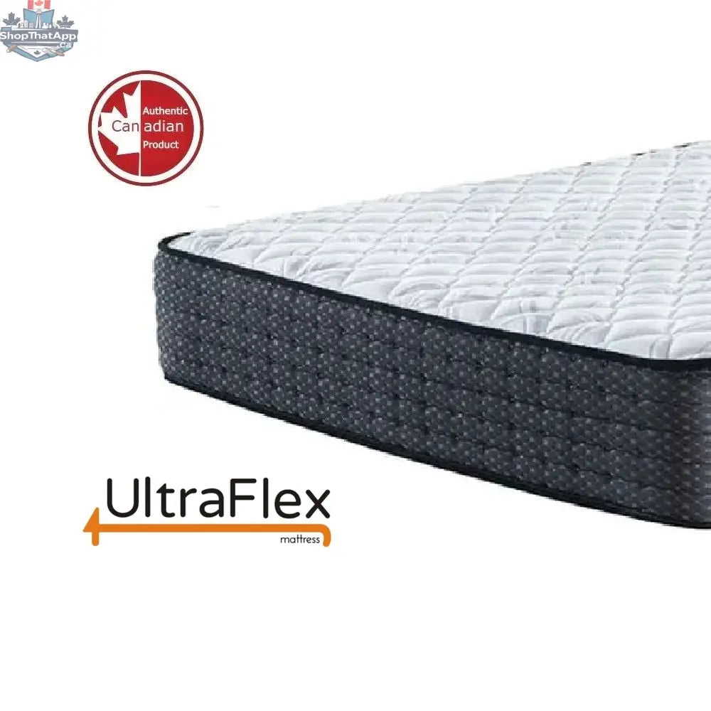 UltraFlex® Harmony hybrid mattress with foam-encased innerspring coils, shown from corner view, eco-friendly design, made in Canada.