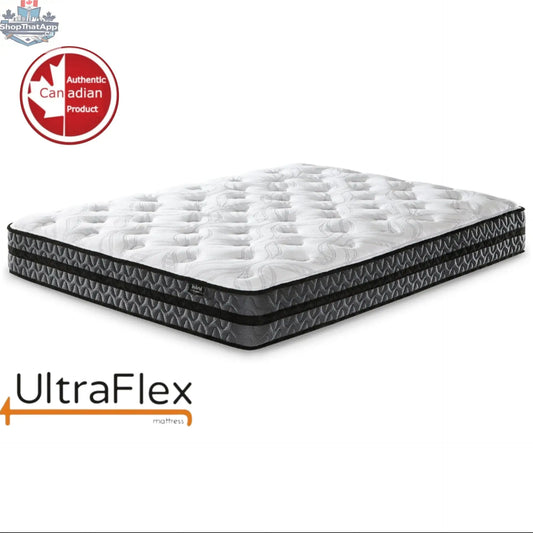 UltraFlex® JOY mattress showing coiled innerspring, foam-encased comfort layer, eco-friendly hybrid orthopedic mattress on a bed frame.