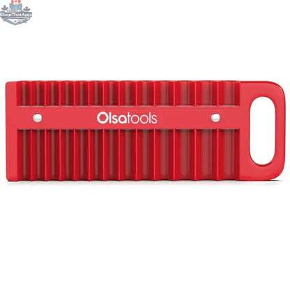 Olsa Tools Canada magnetic socket organizer tray with multiple slots for holding various socket sizes on a work surface.