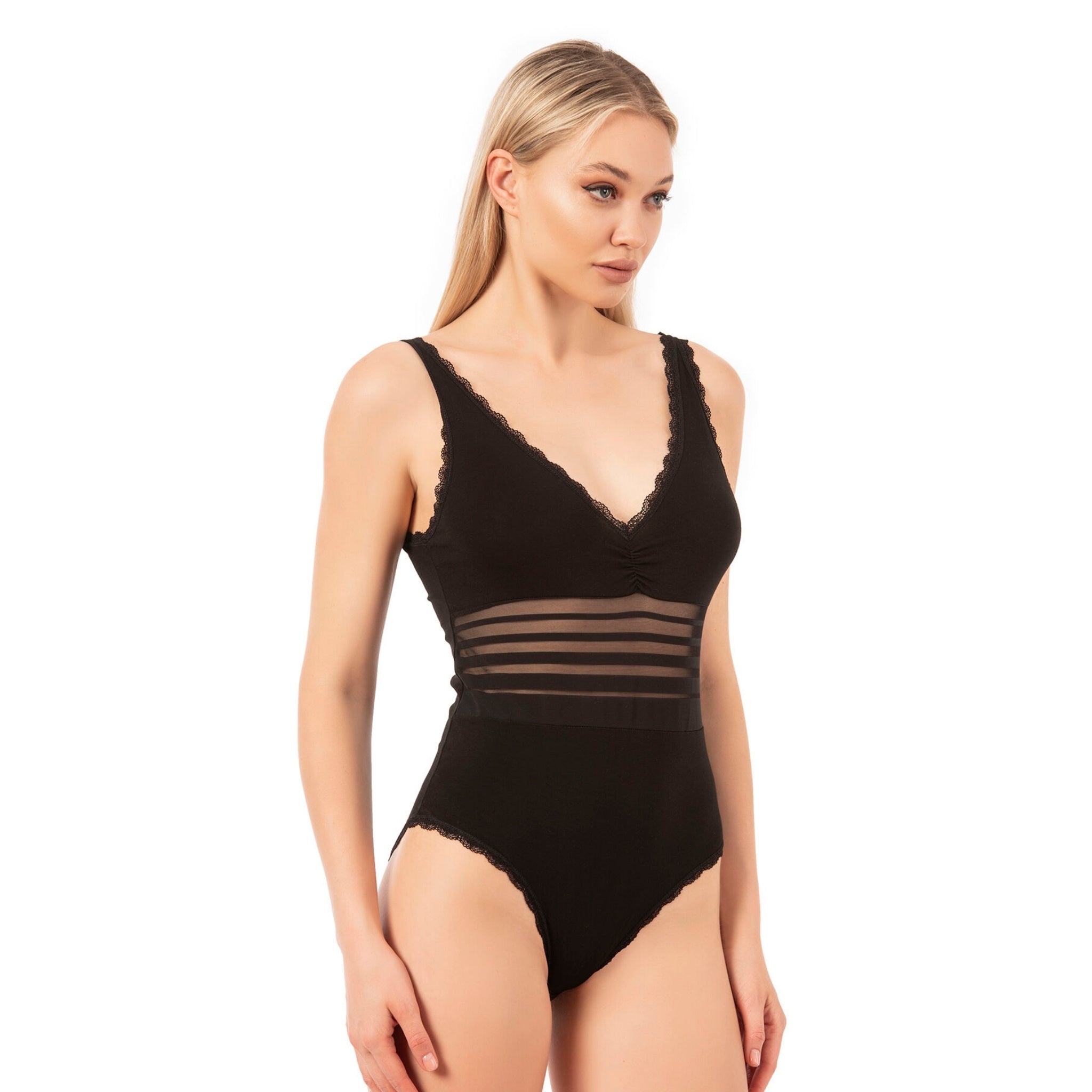 Womens Cotton Bodysuit Lace Trim with Sheer Waist Detail - Shopthatapp.ca