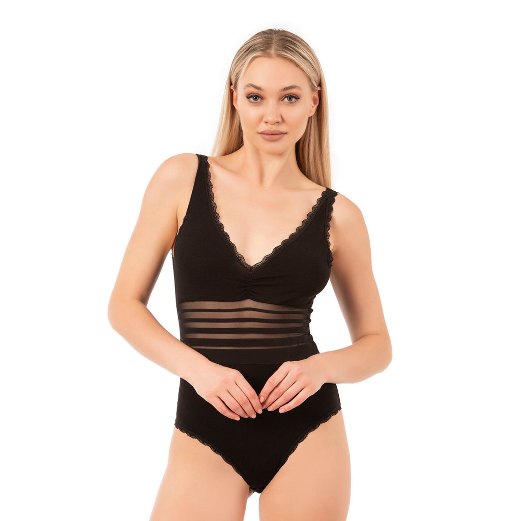 Womens Cotton Bodysuit Lace Trim with Sheer Waist Detail - Shopthatapp.ca