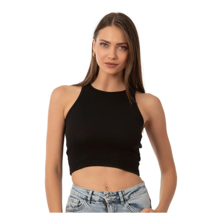 Women’s ribbed high-neck crop tank top by Hazel Textile, featuring a fitted design and high neckline, shown in a neutral color.