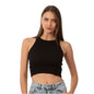 Women’s ribbed high-neck crop tank top by Hazel Textile, featuring a fitted design and high neckline, shown in a neutral color.