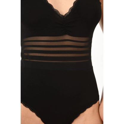 Women's cotton bodysuit by Hazel Textile featuring lace trim and sheer waist detail, shown flat on a white background.