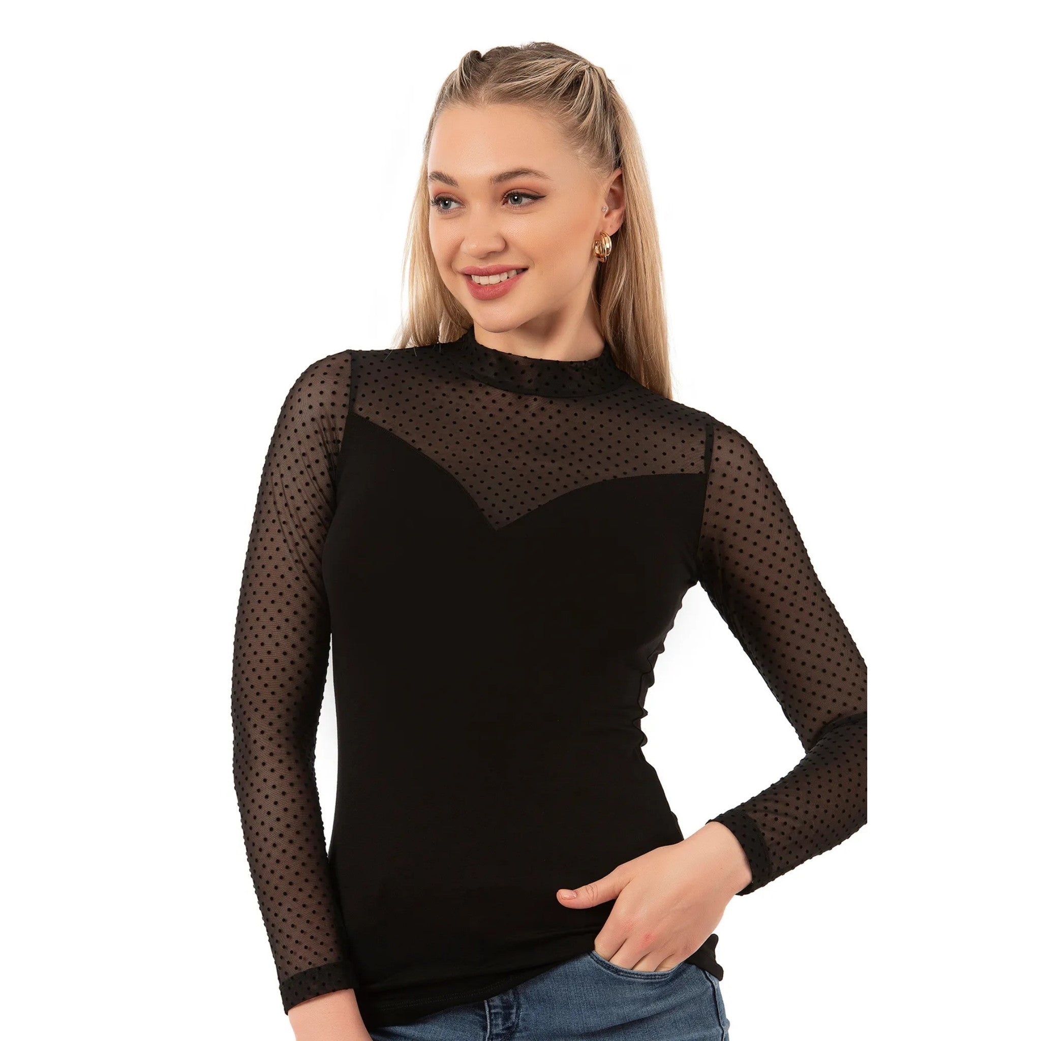 Women’s Polka Dot Top with Long Sleeves and Mesh Detail for Everyday Style - Shopthatapp.ca