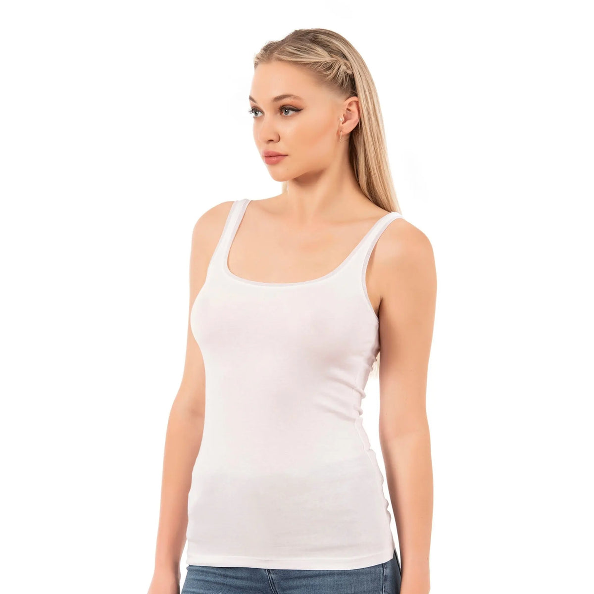 Women's modal cotton tank top with bias trim from Hazel Textile, featuring a comfortable fit and stylish design.