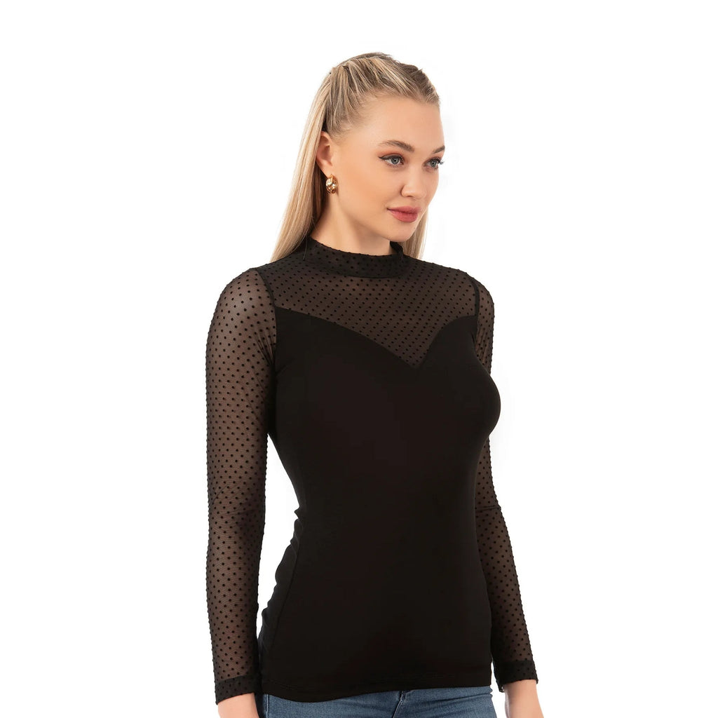 Women’s Polka Dot Top with Long Sleeves and Mesh Detail for Everyday Style - Shopthatapp.ca