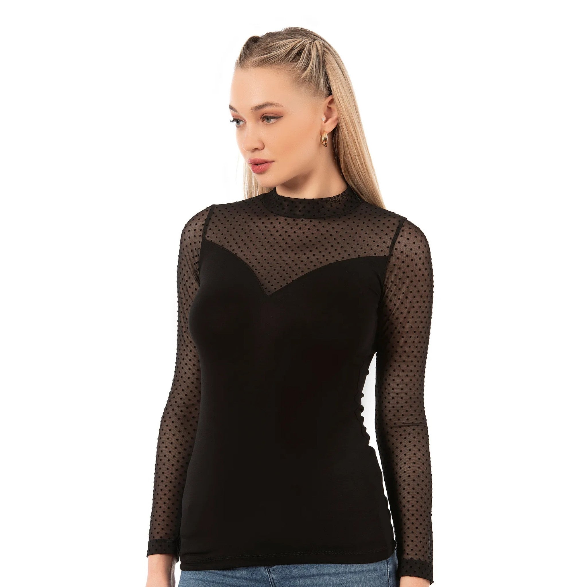 Women’s Polka Dot Top with Long Sleeves and Mesh Detail for Everyday Style - Shopthatapp.ca