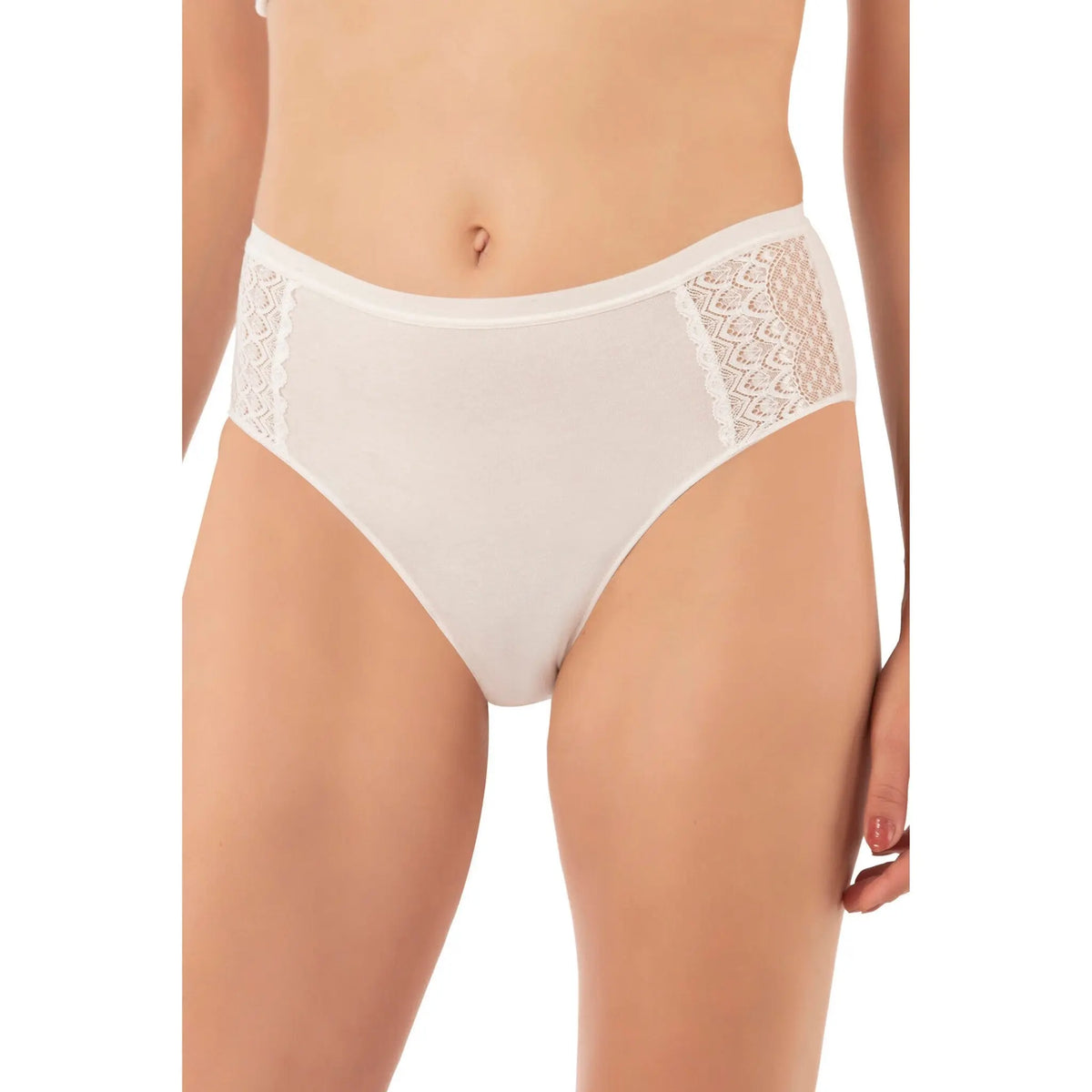 Three Hazel Textile cotton modal high-leg briefs with lace panels, showcasing soft fabric and elegant design in a 3-pack.