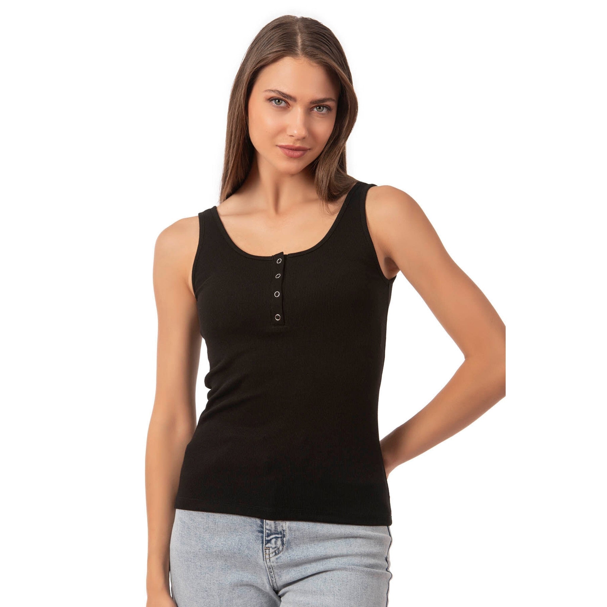 Women's Ribbed Cotton Tank Top with Snap-Button Detail for Stylish Comfort - Shopthatapp.ca
