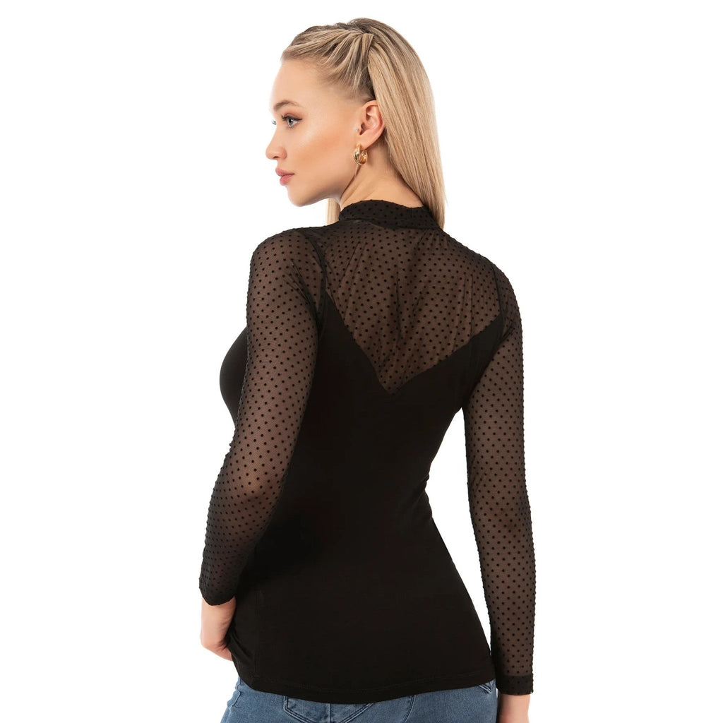 Women’s Polka Dot Top with Long Sleeves and Mesh Detail for Everyday Style - Shopthatapp.ca