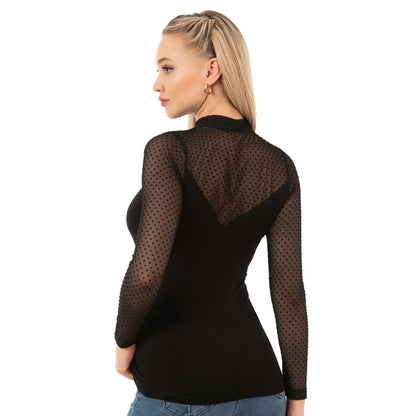 Women’s polka dot top with long sleeves and mesh detail by Hazel Textile, stylish casual wear for everyday fashion.