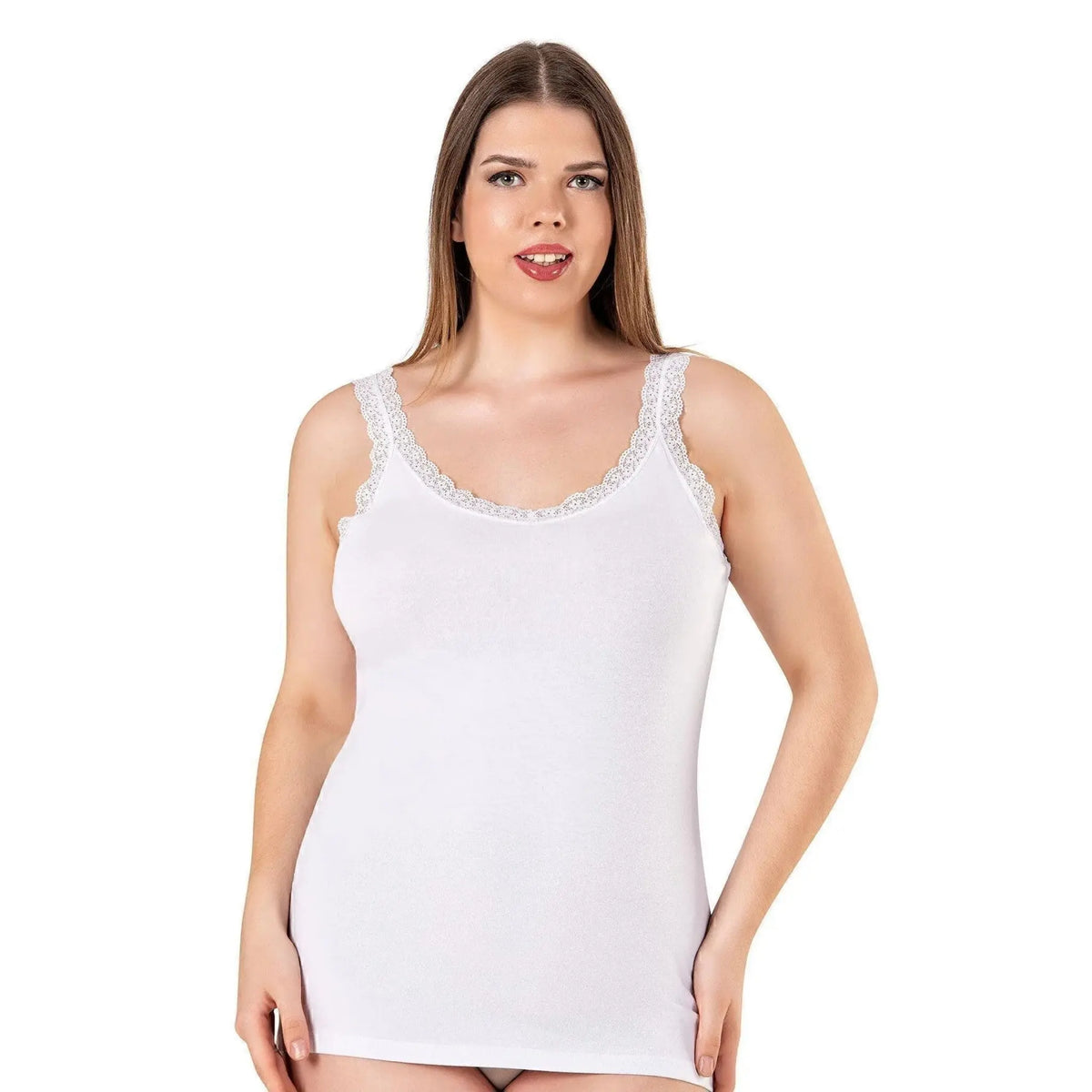 Plus size lace trim camisole by Hazel Textile featuring a cotton scoop neck and delicate lace details, laid flat.