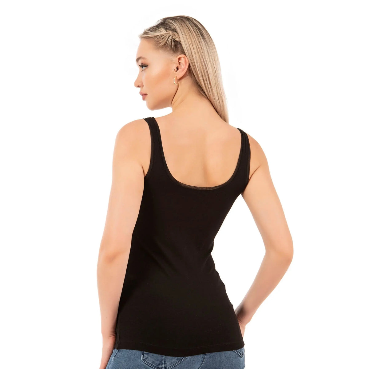 Women’s modal cotton tank top by Hazel Textile with bias trim, featuring a relaxed fit and comfortable design.