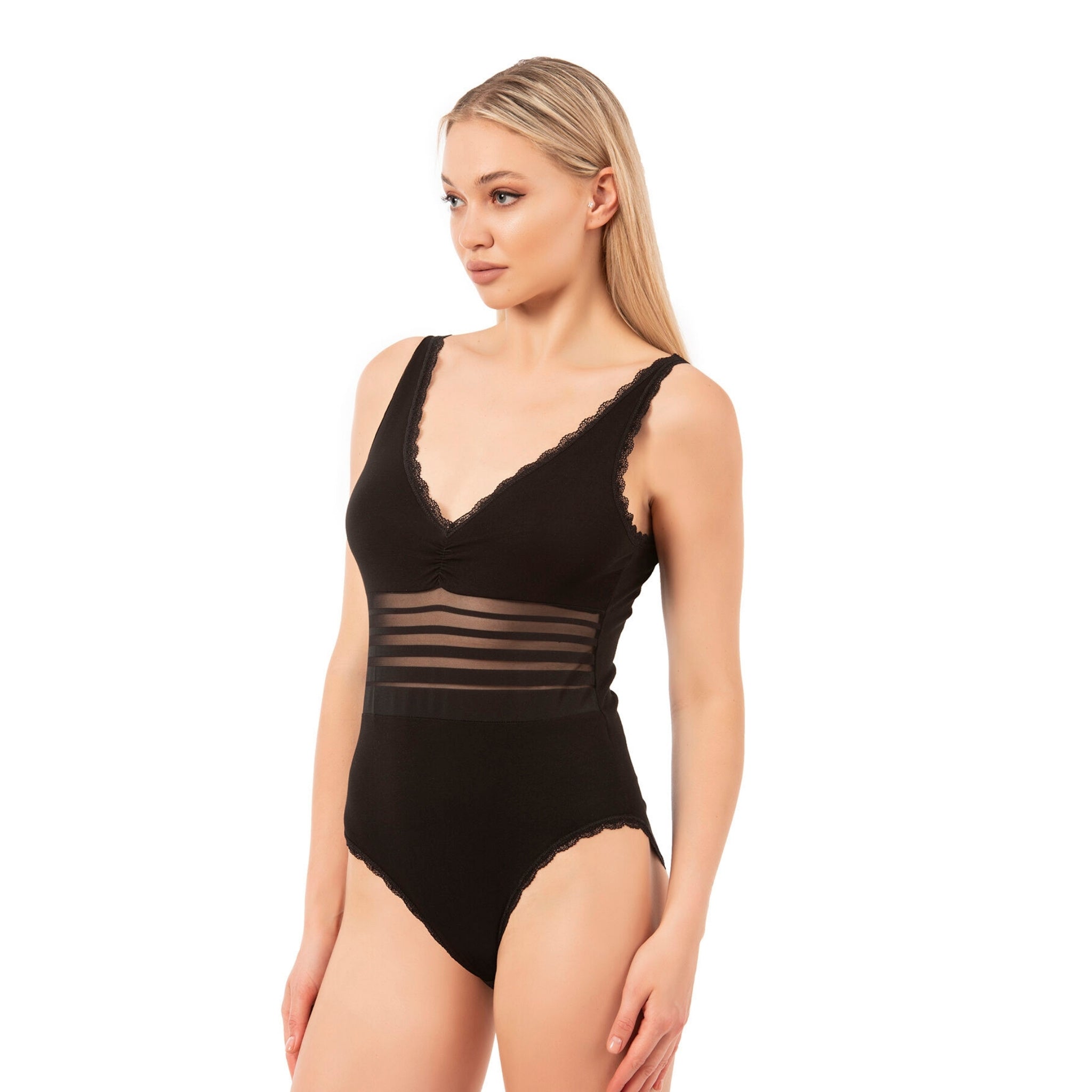 Womens Cotton Bodysuit Lace Trim with Sheer Waist Detail - Shopthatapp.ca