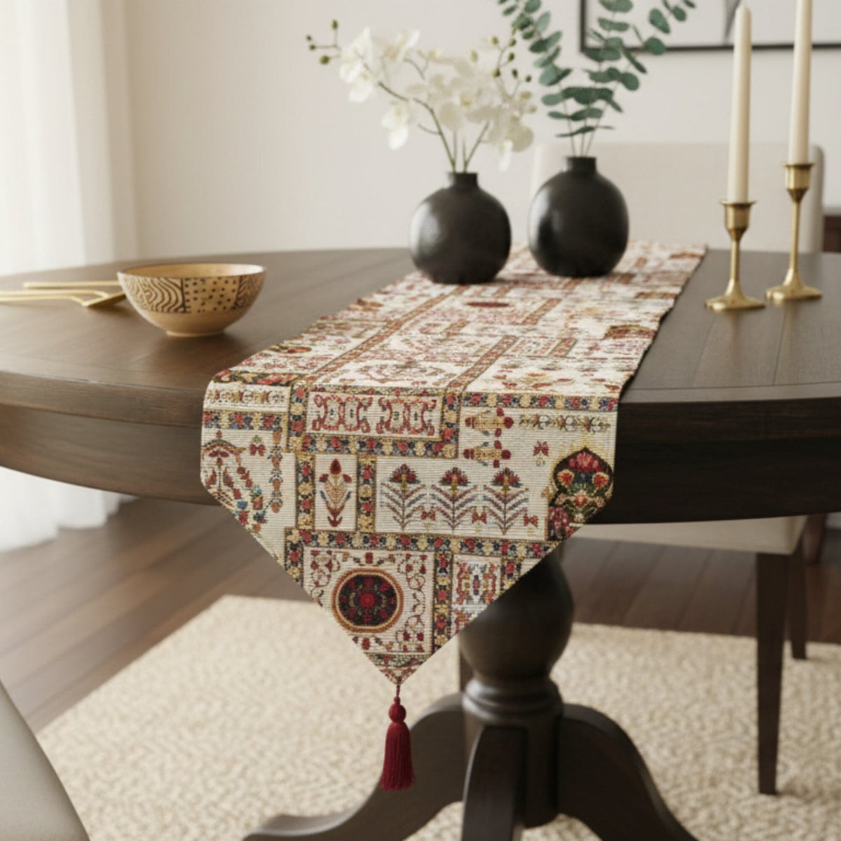 DaDalogy Bedding Cottage Mughal Floral Woven Tapestry Table Runner, Light Fleur White Botanical Vintage (18196)--www.Shopthatapp.ca-DaDalogy Bedding Collection