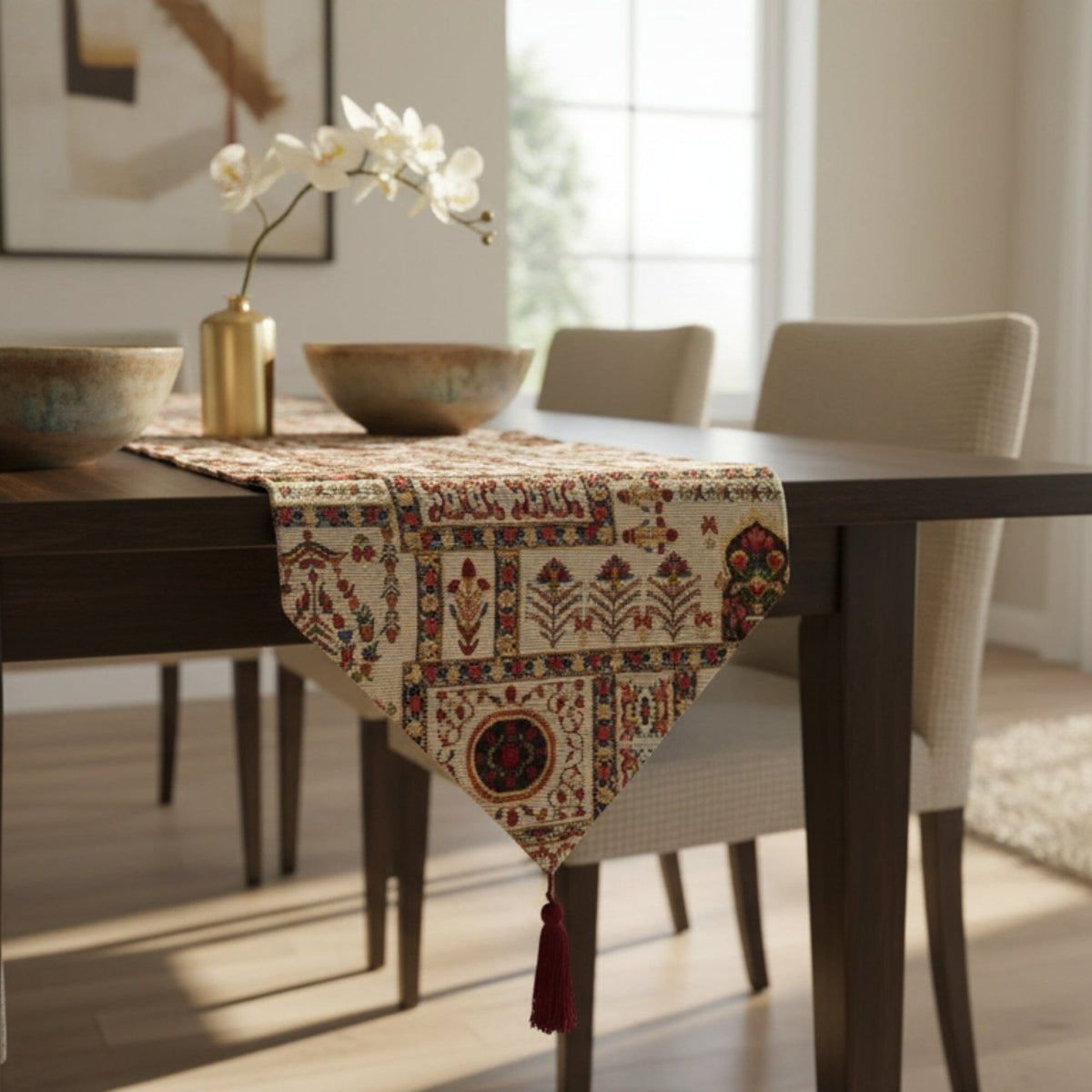 DaDalogy Bedding Cottage Mughal Floral Woven Tapestry Table Runner, Light Fleur White Botanical Vintage (18196)--www.Shopthatapp.ca-DaDalogy Bedding Collection