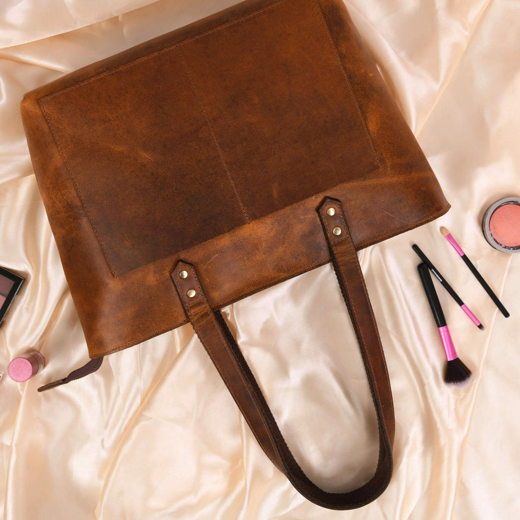 Classic Cognac Leather Tote Bag - Www.Shopthatapp.ca