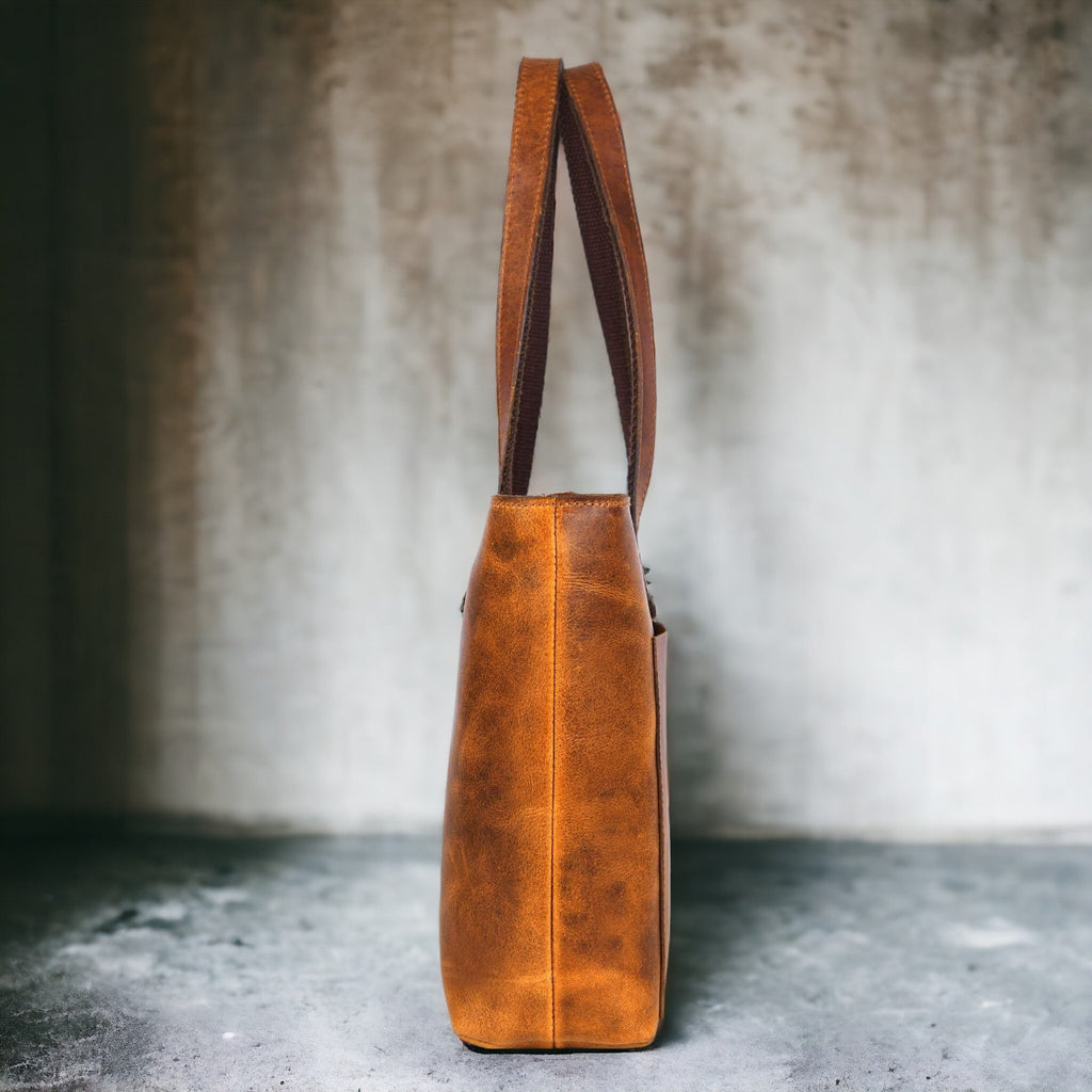 Classic Cognac Leather Tote Bag - Www.Shopthatapp.ca