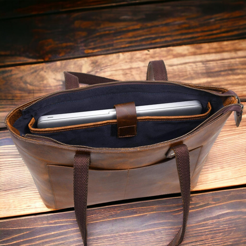 Classic Cognac Leather Tote Bag - Www.Shopthatapp.ca