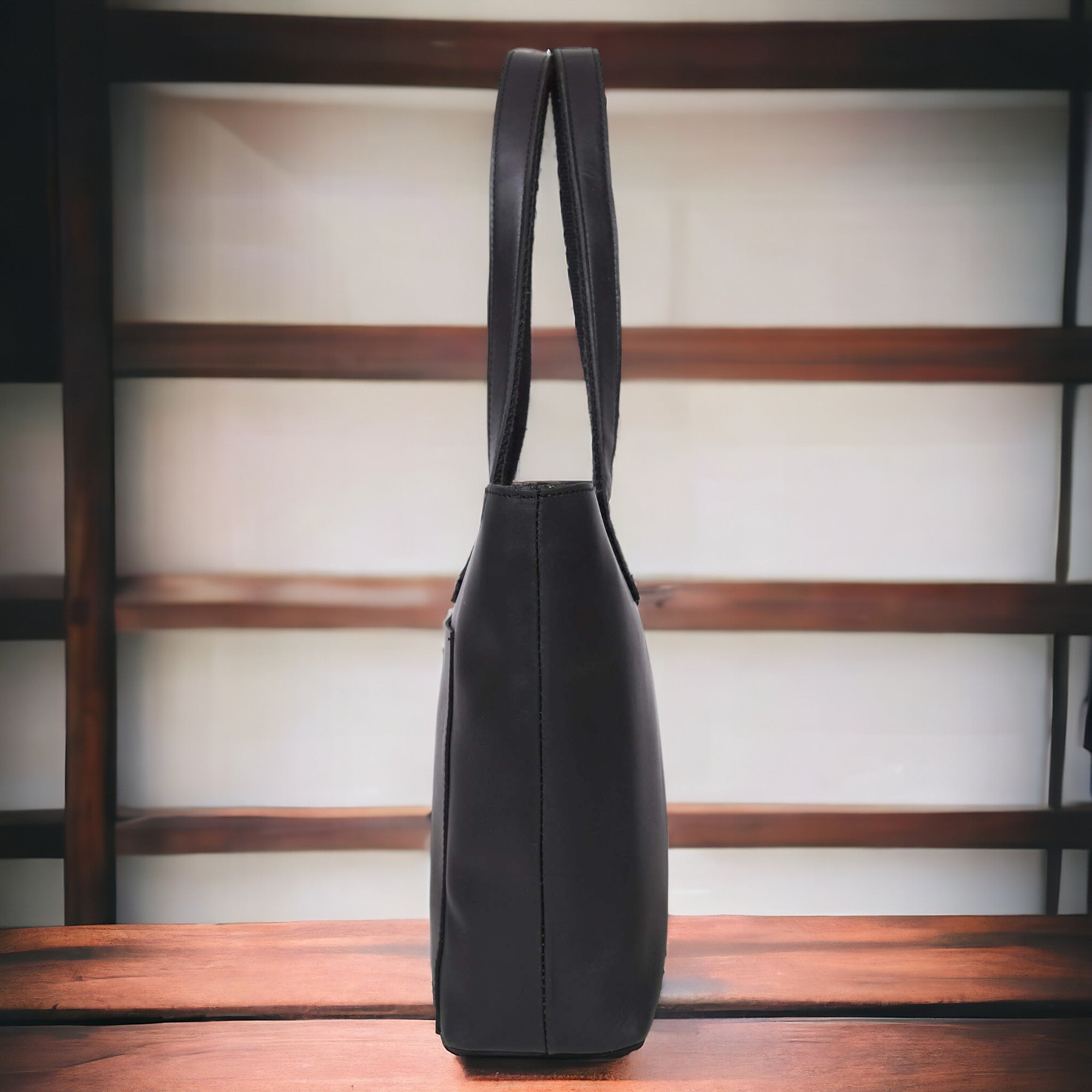 Classic Black Leather Tote Bag - Www.Shopthatapp.ca