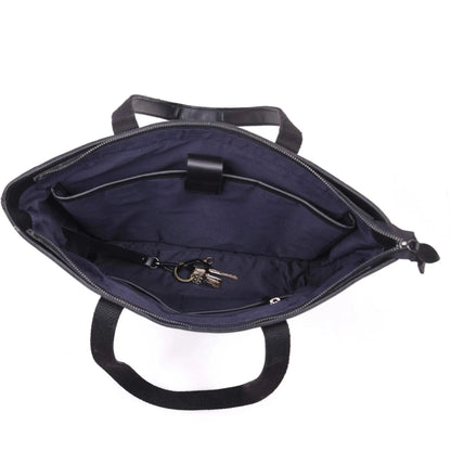 Black leather tote bag by NAB Leather, featuring a spacious design with sturdy handles and sleek classic style.
