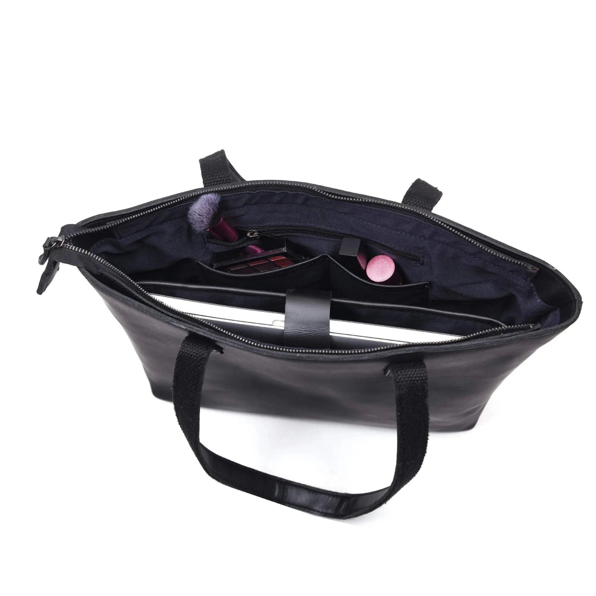 Black leather tote bag by NAB Leather, featuring a sleek classic design with sturdy handles and spacious interior.