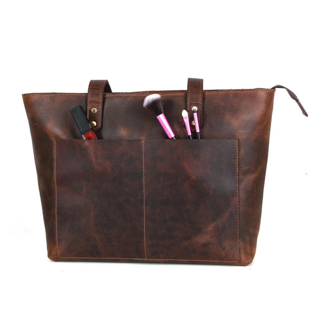 Classic Brown Leather Tote Bag - Www.Shopthatapp.ca