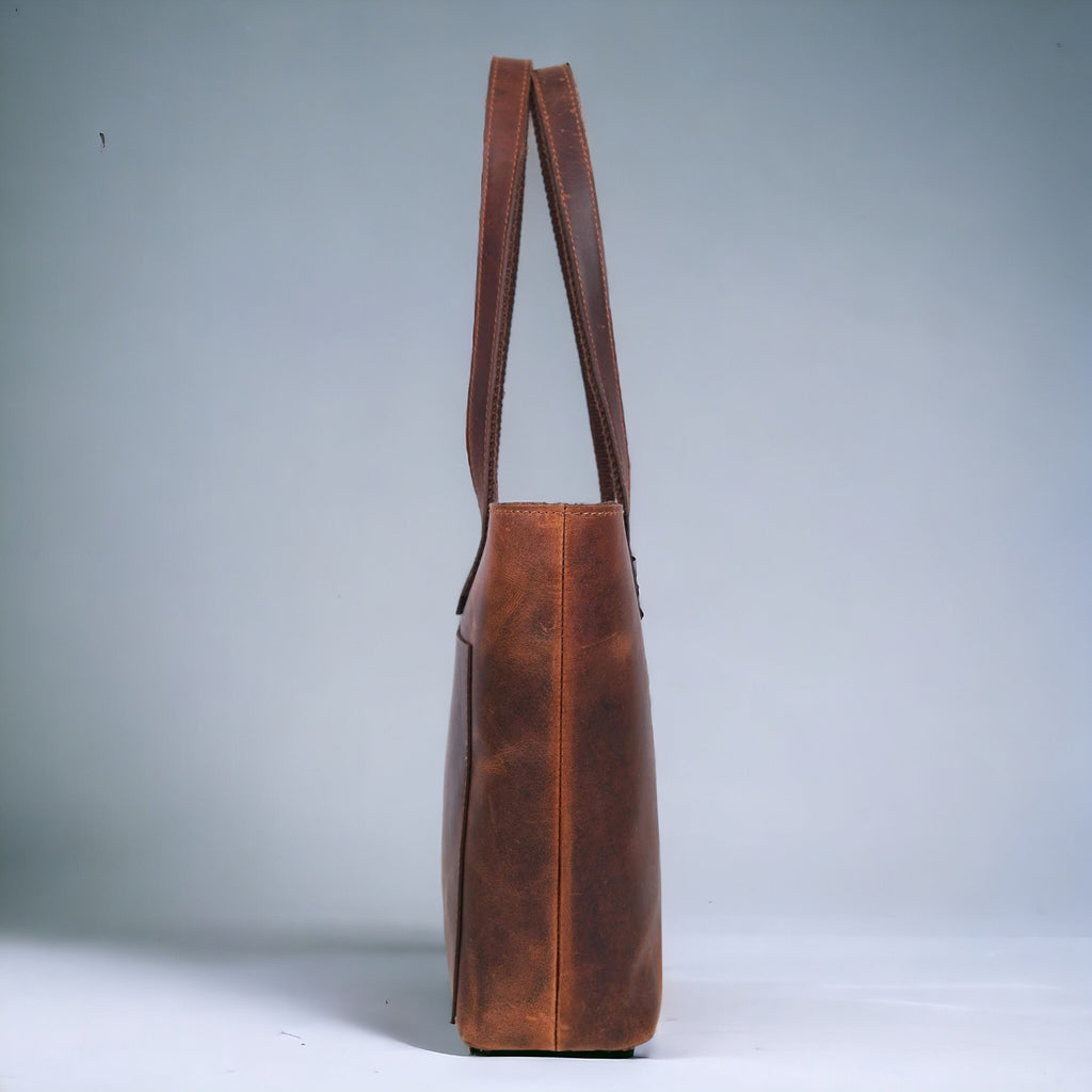Classic Brown Leather Tote Bag - Www.Shopthatapp.ca