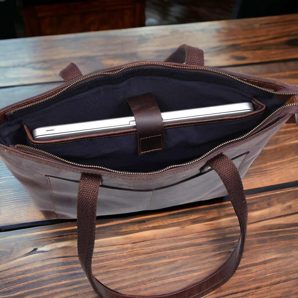 Classic Brown Leather Tote Bag - Www.Shopthatapp.ca