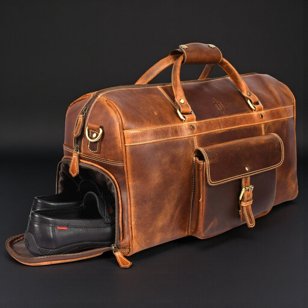 The Voyager Duffle - Cognac Full-Grain Distressed Leather Duffle Bag - Www.Shopthatapp.ca