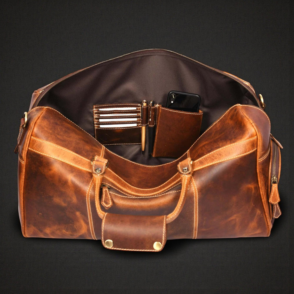 The Voyager Duffle - Cognac Full-Grain Distressed Leather Duffle Bag - Www.Shopthatapp.ca