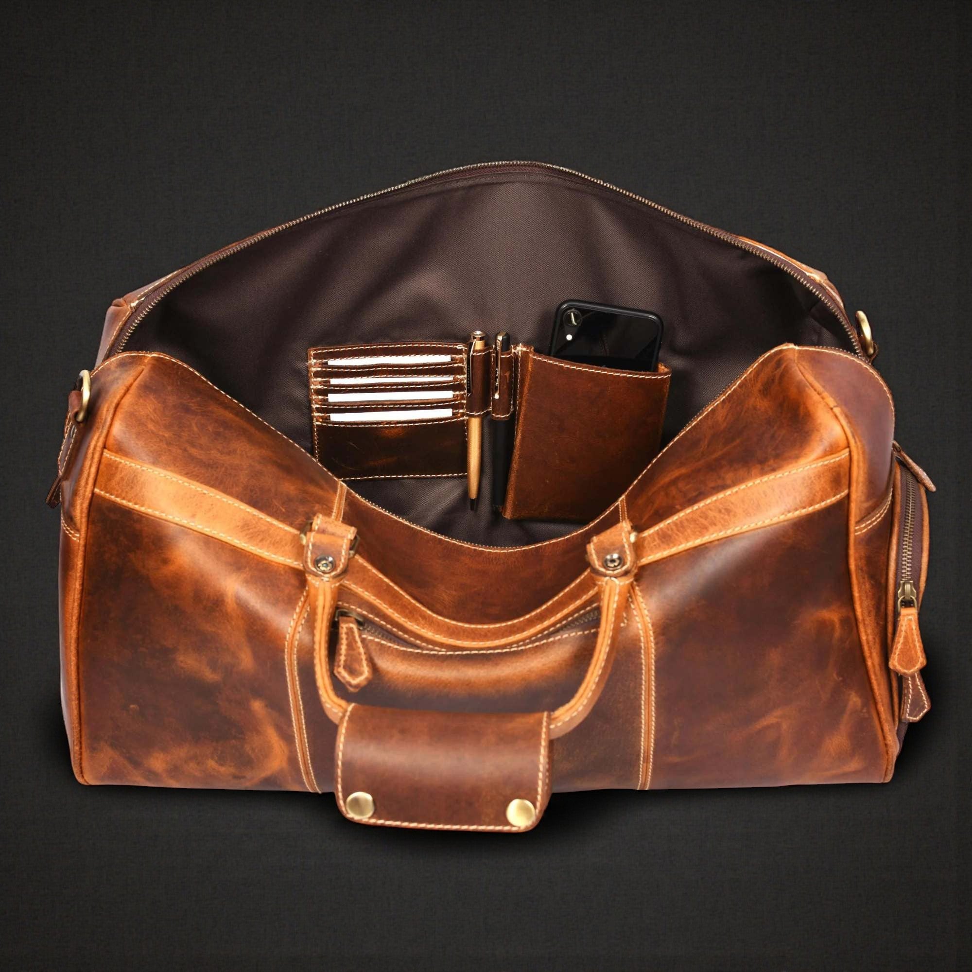 The Voyager Duffle - Cognac Full-Grain Distressed Leather Duffle Bag - Www.Shopthatapp.ca
